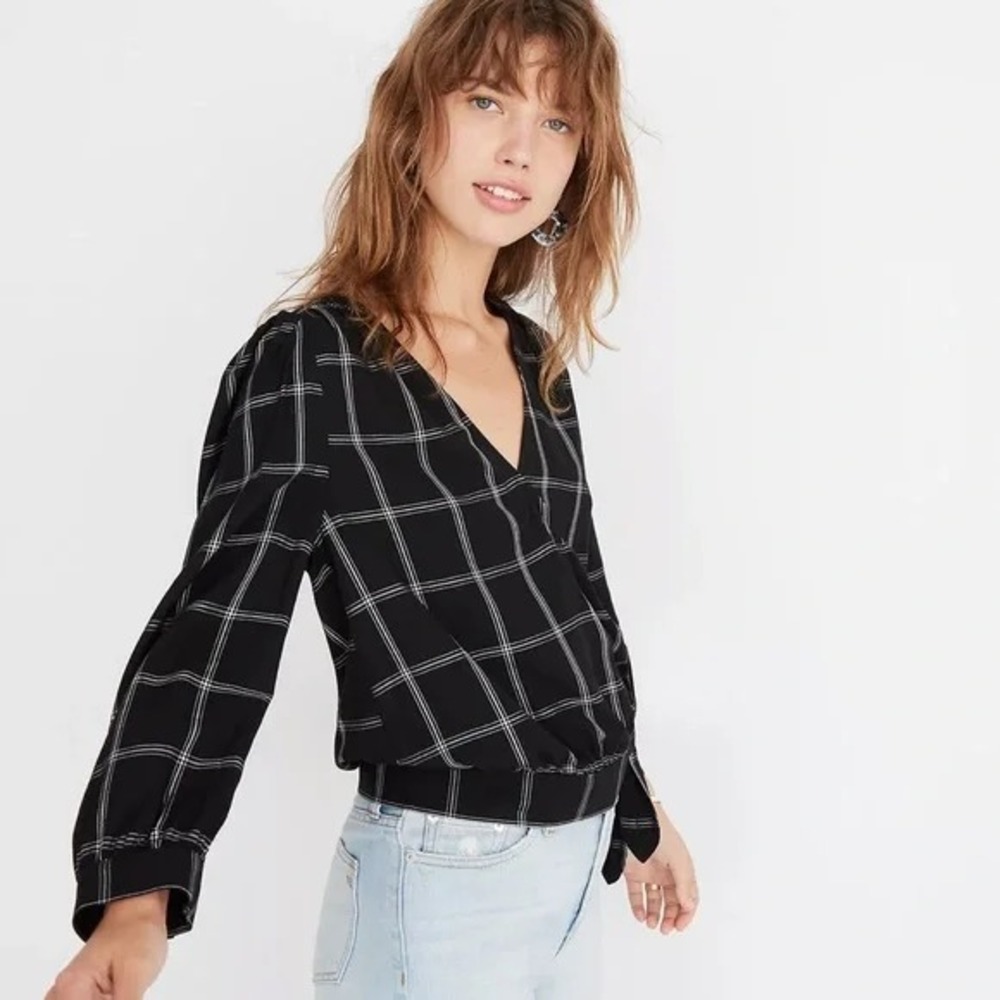 Madewell Top Women S Black Plaid Wrap Tie Waist Windowpane V-Neck Long Sleeve